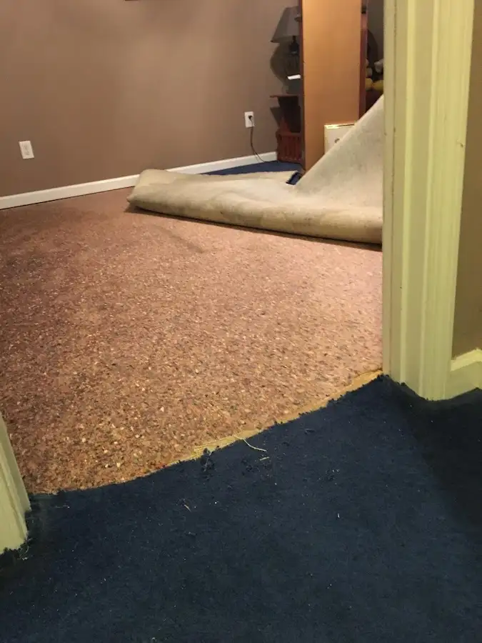Carpet pad removal revealing water damage during Drying & Dehumidification in Mammoth Lakes